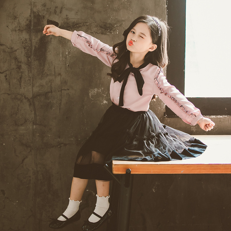 Fashion Princess Clothing Set Girls Bow Blouse and Solid Lace Skirt Two Piece Girl Set Spring Autumn School Teenage Skirt Sets LJ200916