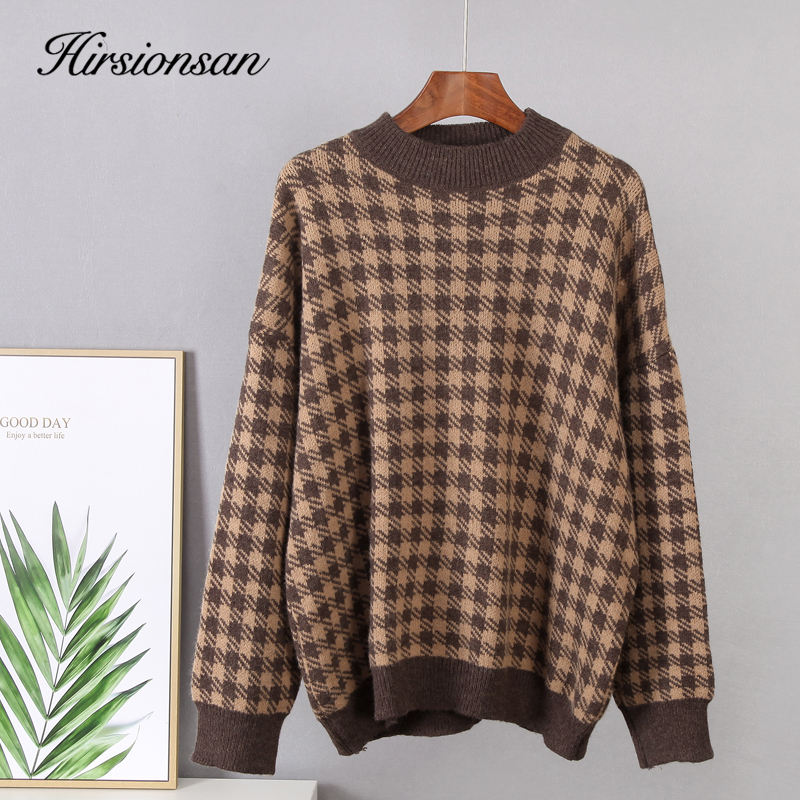 Hirsionsan Khaki Houndstooth Cashmere Sweater Women Loose Casual Knitted Pullovers Autumn Soft Knitwear Female Retro Jumper 201224