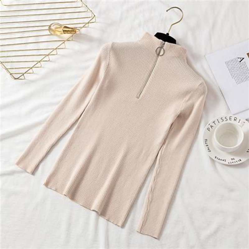 Women Sweaters Autumn Winter Half High Collar Circular Zipper Slim Pullover Solid Color Slim Knitting Jumper Big Size Pull Femme 201225