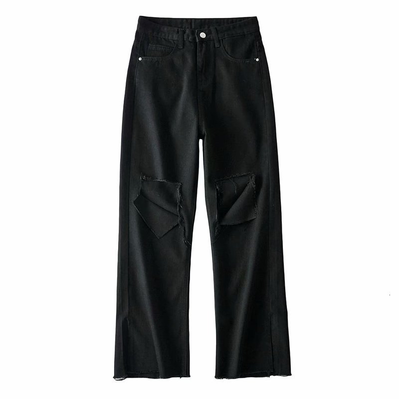 2021 New Cm063 the Summer Show Tall Waist Pure Color Washing Joker Burrs Torn Jeans Trousers Slacks U8c0, Black