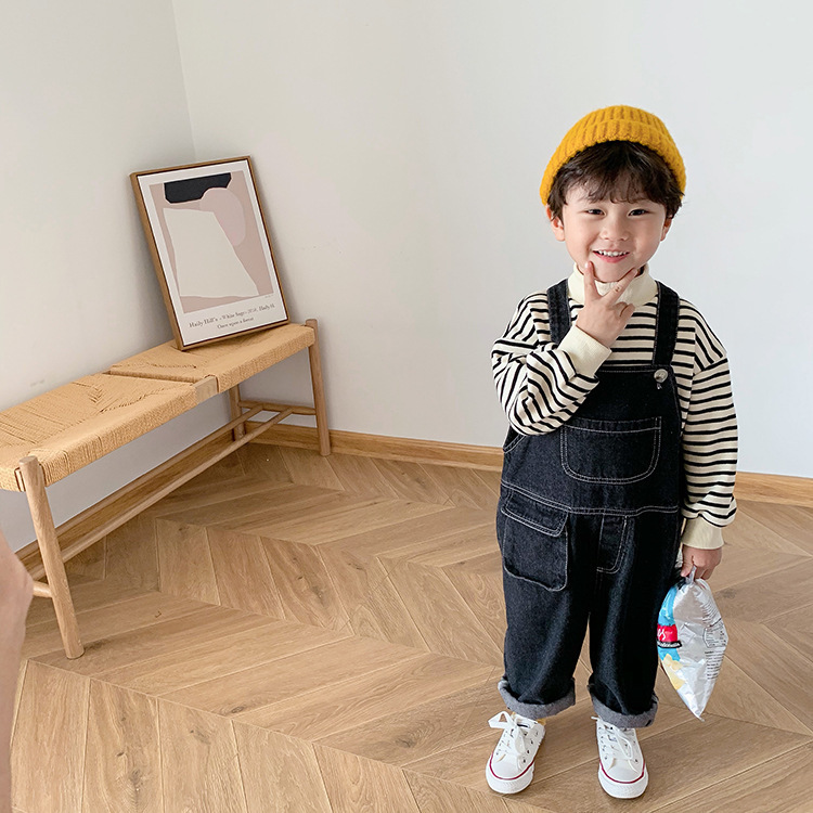 Autumn boys loose casual black denim overalls Children all-match wide leg suspender trousers 201128