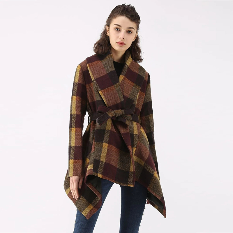 Wome Coat Jackets Autumn Winter Black Irregular Lattice Fashion Urban Casual MidLength Warm Lace Up Woolen Women Clothing 201216