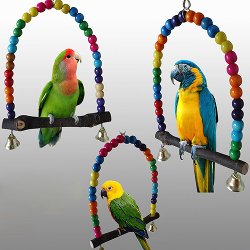 

1PC Natural Wooden Parrots Swing Toy Birds Colorful Beads Bird Supplies Bells Toys Perch Hanging Swings Cage for Pets