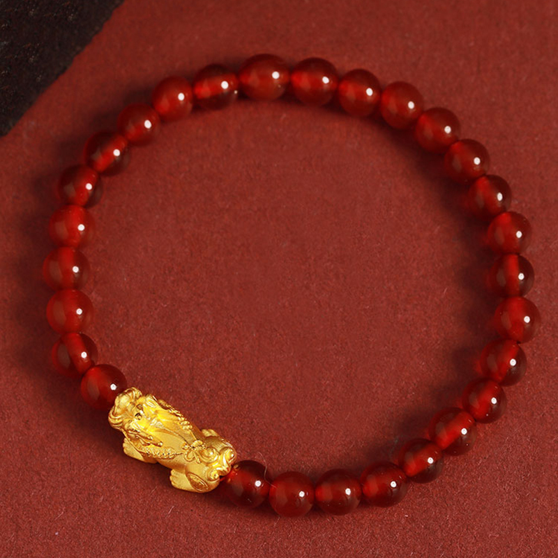 999 Real 24K Yellow Gold Bracelet Woman 3D Luck Bless Pixiu Charm with Red Agate Beads Adjustable 220309