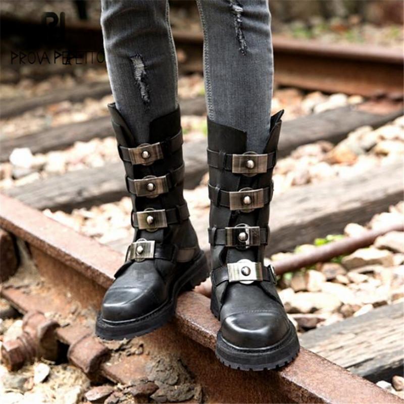 Prova Perfetto Black Punk Style Women Motorcycle Boots Straps Back Zipper Mid-calf Winter Boots Female Platform Botas Militares
Prova Perfetto Black Punk Style Women Motorcycle Boots Straps Back Zipper Mid-calf Winter Boots Female Platform Botas Militares