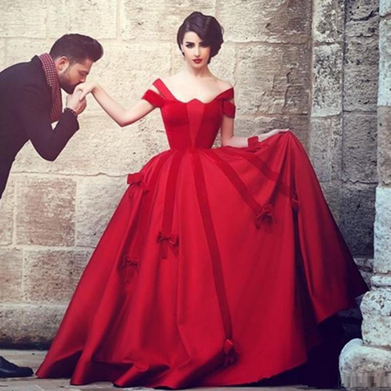 Setwell Off Shoulder A-line Prom Dresses Sleeveless Velvet Satin Floor Length Red Bow Evening Party Gowns