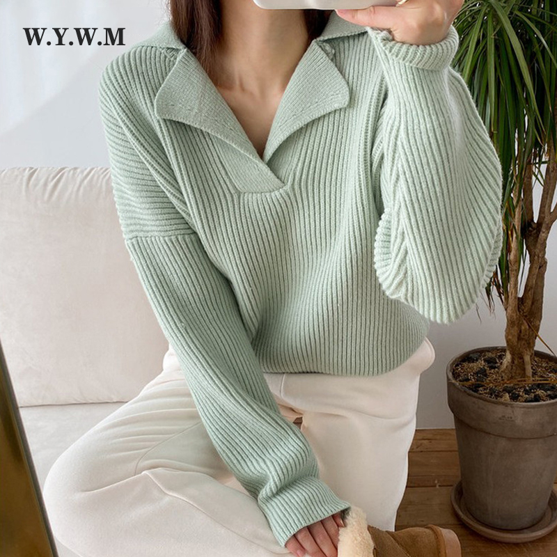 

WYWM New Knitted Sweater Women Elegant Lazy Oaf Coarse Yarn Striped Cashmere Pullovers Coat V-ne Long Sleeve Female Jumpers, Green