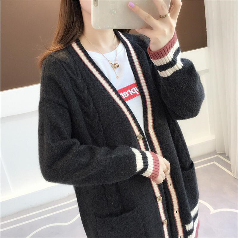 Knit Cardigan New Women's Spring And Autumn Jacket Chic Loose Striped Pockets Long Sweater Women's 201023