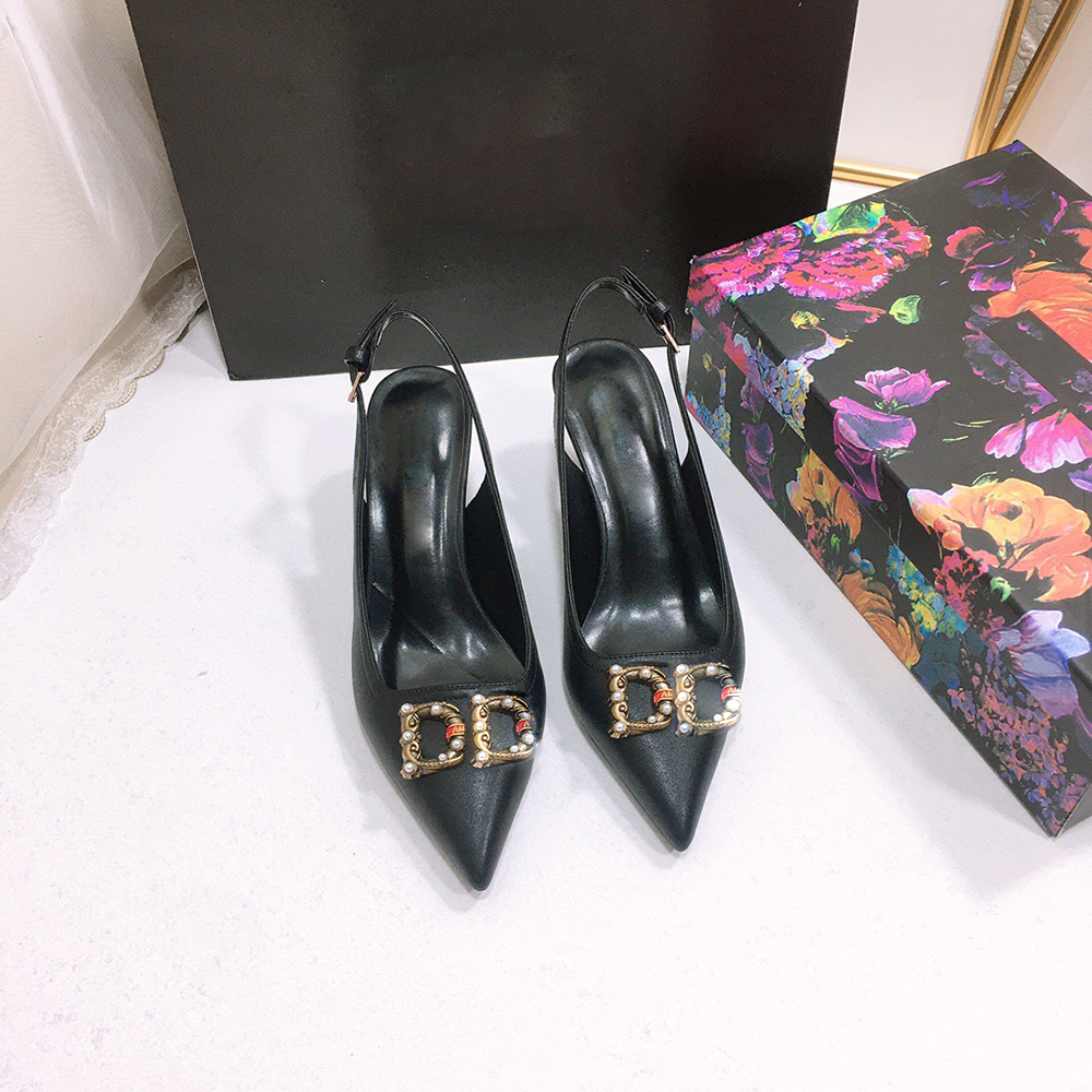 Luxury Designer Women High Heel Leather Sandals Metal Letters Inlaid Pearl Decoration Dress Shoes Wedding Party Formal Dress With Box Size 35 - 42