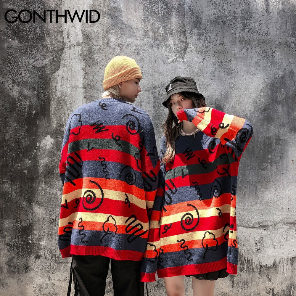 GONTHWID Color Block Rainbow Stripe Knitted Jumper Sweaters Streetwear Men Hip Hop Harajuku Casual Pullover Knitwear Tops 201022