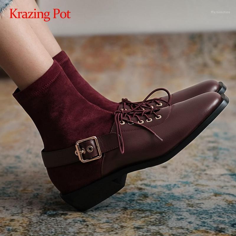 Krazing pot stretch boots natural leather cross-tied buckle decorations square toe thick med heel slip on mature ankle boots L611, Black
Krazing pot stretch boots natural leather cross-tied buckle decorations square toe thick med heel slip on mature ankle boots L611, Black