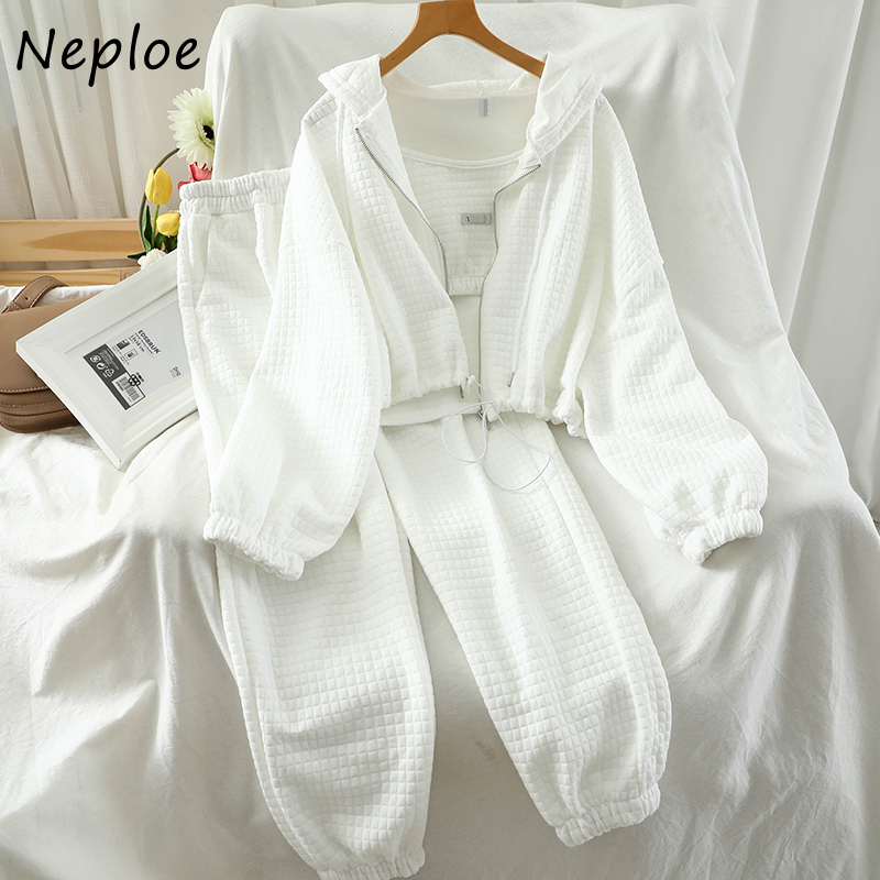 Neploe 3 Piece Set Solid Color Zip Hooded Drawstring Sweatshirts + Sexy Camis + Stretch Waist Casual Pants Fashion Suit 201119