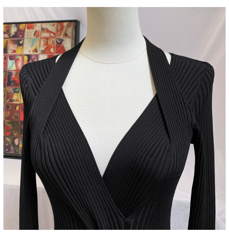 DEAT women sexy slim black kintted dresses Cross deep V-neck long sleeve vent hem stretch knitted dress famale124cm length J888 201125