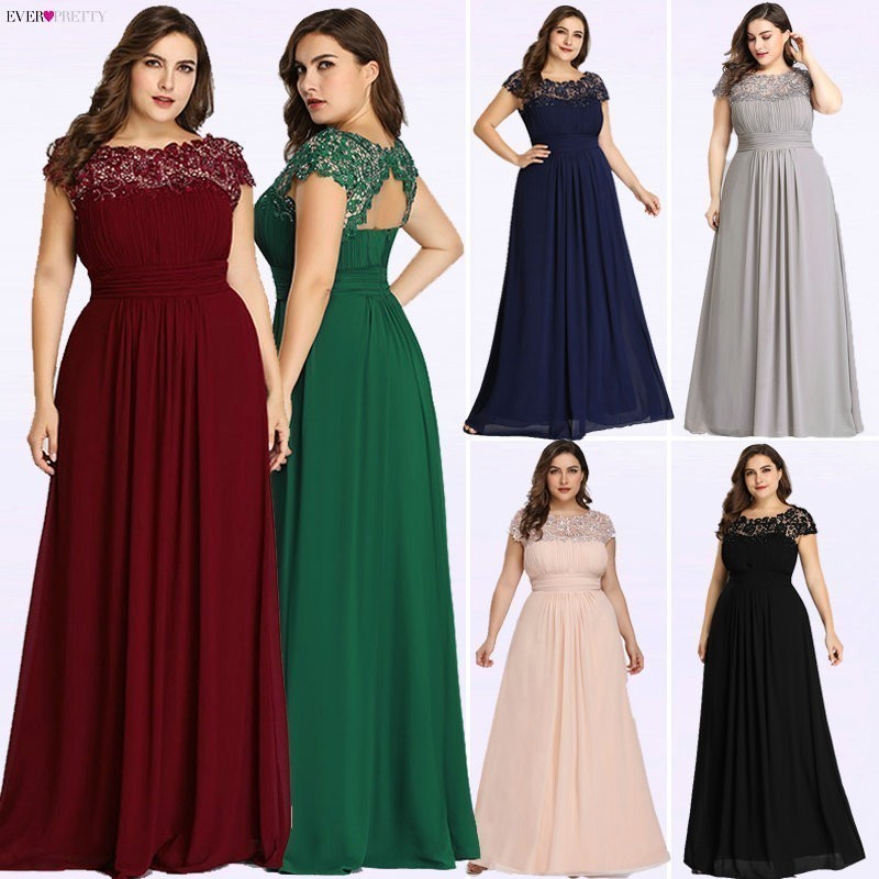 Long Evening Dresses Ever Pretty New Simple Dark Green Chiffon Plus Size ONeck Appliques Lace ALine Formal Party Dress 201114