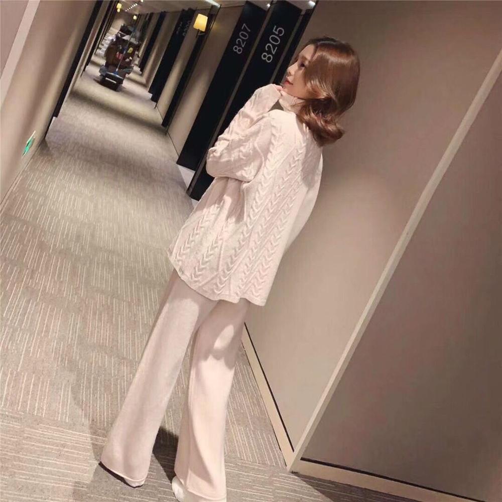 2020Women Woolen Solf warm Knitted suit Female wide legs pullover sweater & pant 2 piece set ,apricot Pink Green Blue T200118
