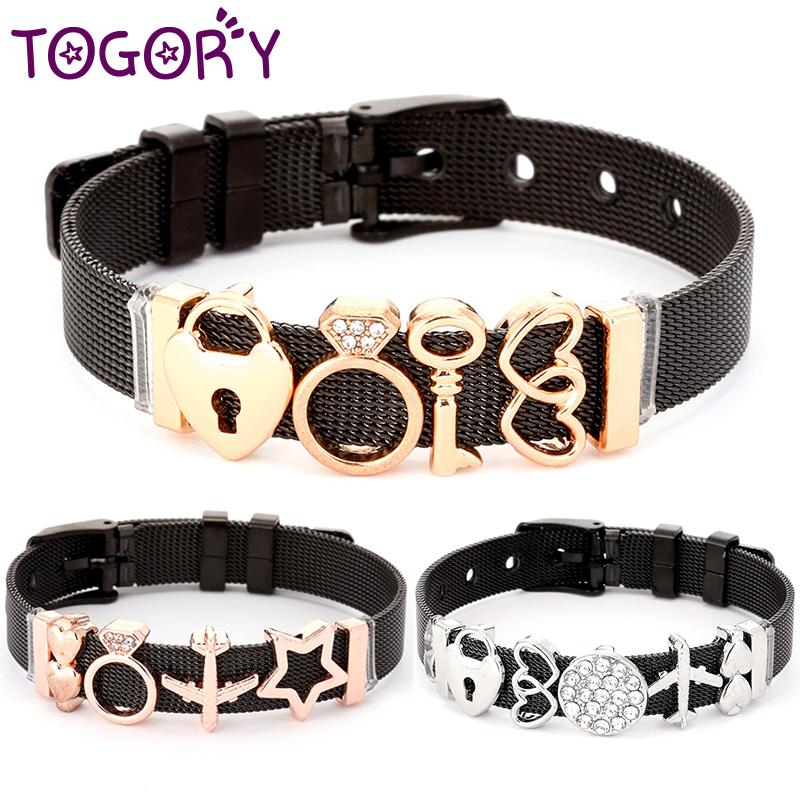 Charm Bracelets TOGORY Fashion Black Stainless Steel Mesh For Women Heart Lock Key Gold Color Beads Fine Bangles Gift
Charm Bracelets TOGORY Fashion Black Stainless Steel Mesh For Women Heart Lock Key Gold Color Beads Fine Bangles Gift