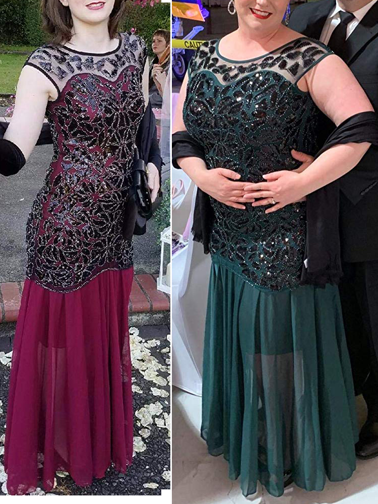 Black Gold Sequins Beading Long Evening Dresses Gorgeous Formal Round Neck Lace Long Sexy Red Women Party Special Occasion 201114