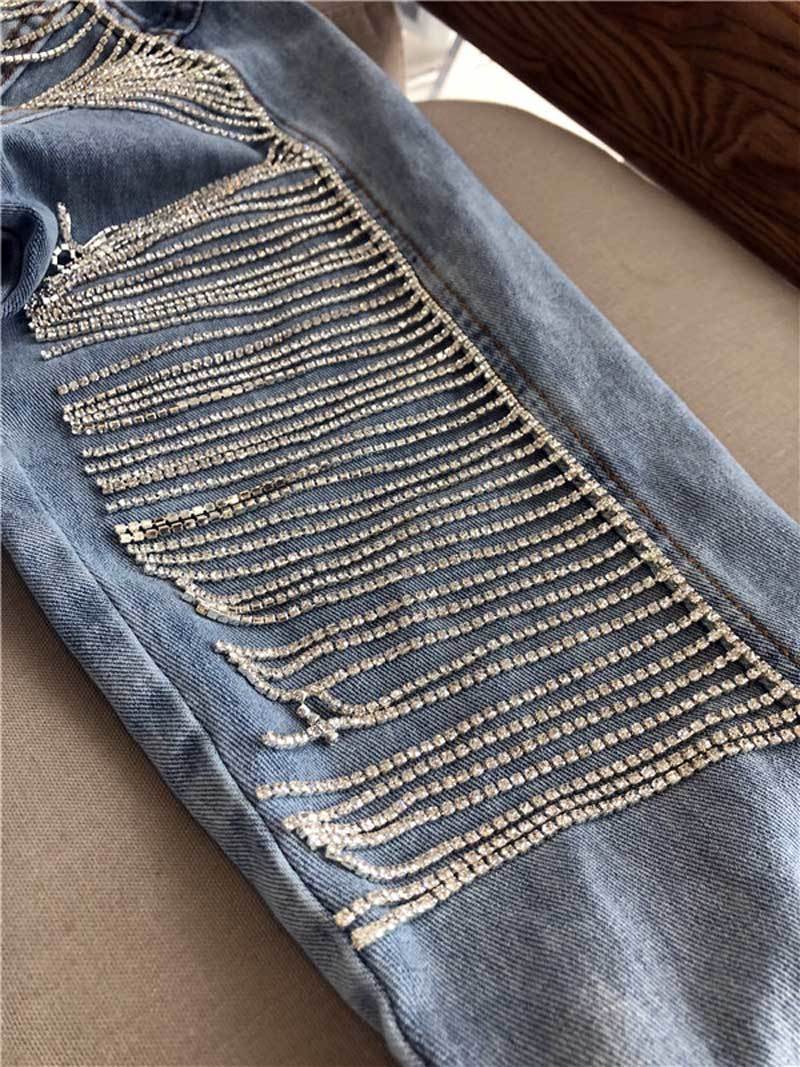 Boho inspired denim jacket women fashion coasts bling rhinestone chaines long sleeves blue vintage loose jacket women new 201017