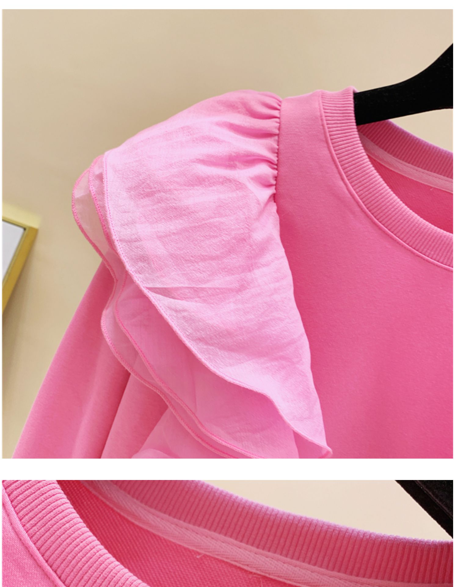 New design womens pink color o-neck long sleeve loose gauze ruffles patchwork cute sweatshirt pullover hoodies SMLXL