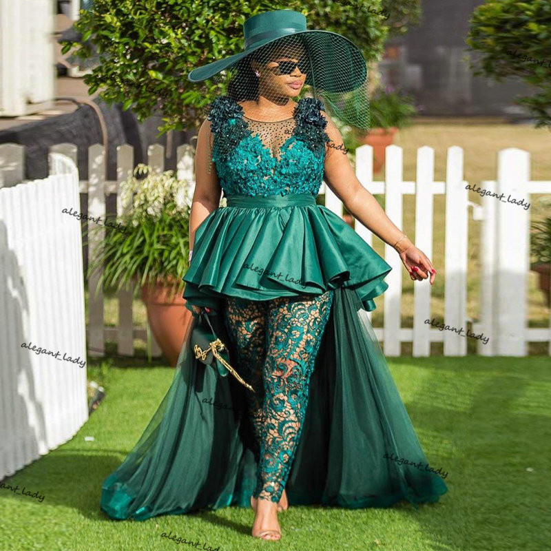 Nigerian African Jumpsuit Evening Dress With Handmade Flowers Lace Crystal prom Evening Party Dresses plus size vestidos formale