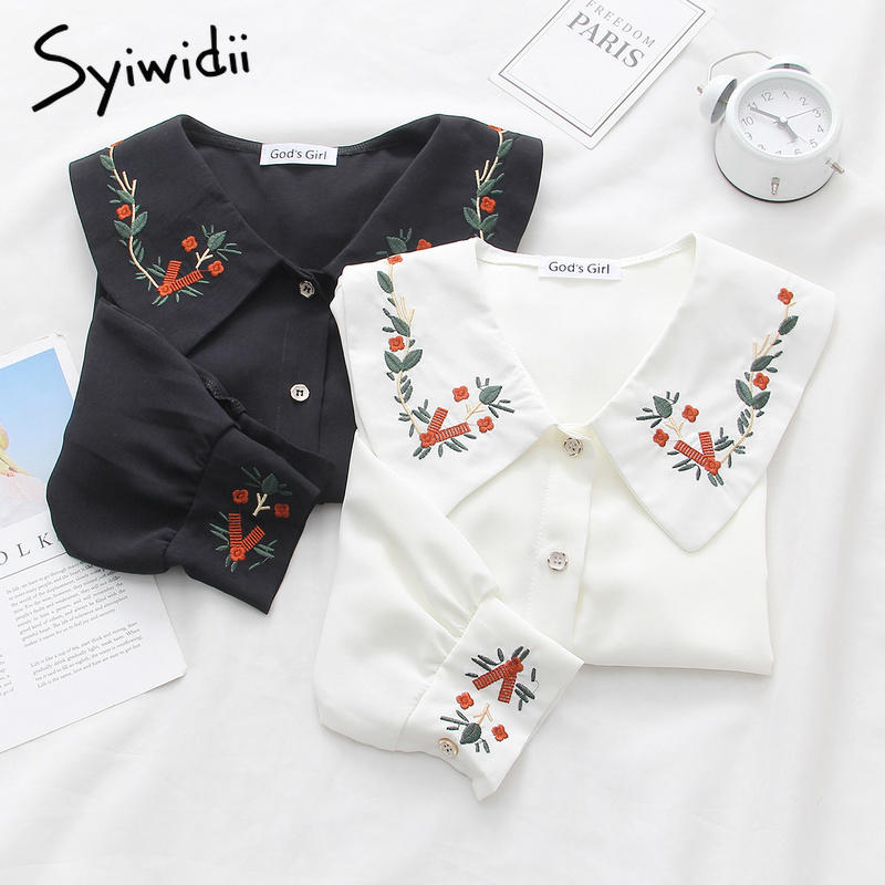 Vintage Embroidery Floral Blouses for Women Shirts 2021 Spring Chiffon Blouse White Black Lantern Long Sleeve Shirts Cute 90s 201125