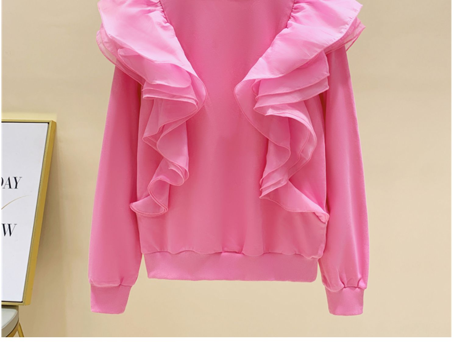 New design womens pink color o-neck long sleeve loose gauze ruffles patchwork cute sweatshirt pullover hoodies SMLXL