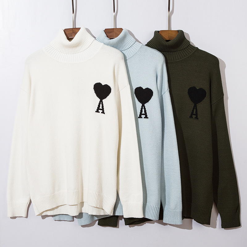 Men's winter couple black big love high-neck knit sweater, White