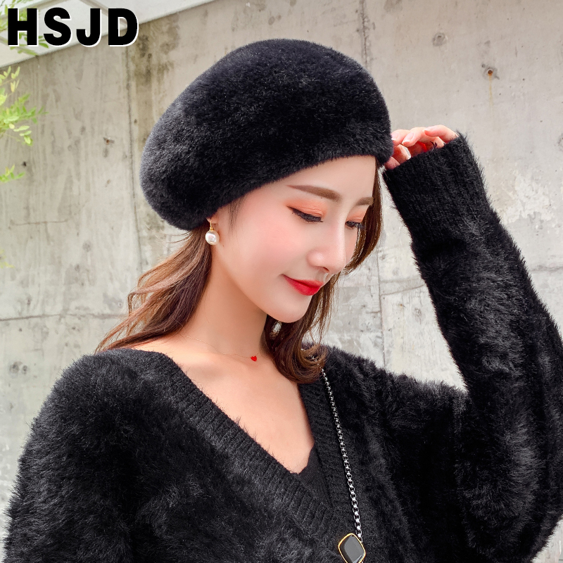 Autumn Winter Women Berets French Classic Solid Color Plush Mink Cashmere Beret Hat Winter Warm Knitting Hats Female Walking Cap 201009