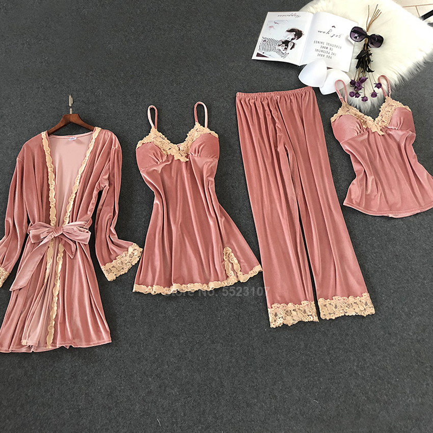 Autumn Women Velvet Pajamas Set Soft Keep Warm Sexy Sleepwear Polyester 4PCs Full Sleeve Strap Nightgown Bath Robe Lingerie Suit 201113