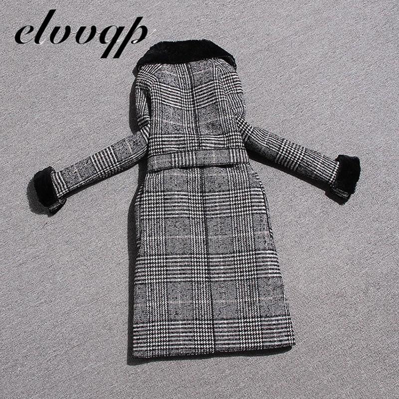 high Quality Woolen Coat Women Winter Long Thick Plus Velvet Warm Fur Jackets Elegant Pocket Plaid Belt Ladies Coats 201216