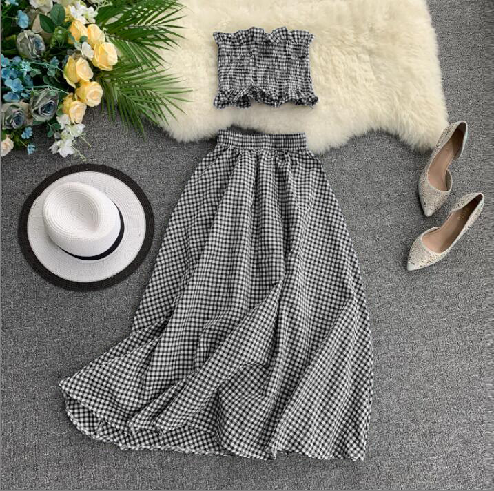 new Korean summer two Piece outfit women sleeveless tank Top Highwaist slim Long Skirt plaid 2 pcs sets Woman Fashion Suit
