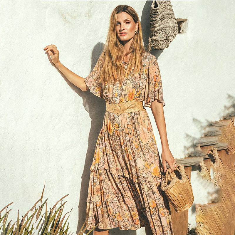 Summer dresses new Sehatle midi bohemian dress casual street beach sexy rob elegant ruffles V-neck boho clothing for women T200604