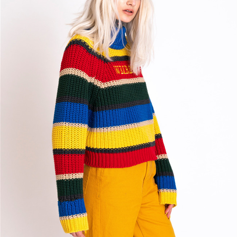 Harjuku Contrast Stripes Roll Turtle Neck Knitted Jumper Turtleneck Sweater with Embroidery WEIRDO Oversized Top For Women / 201221