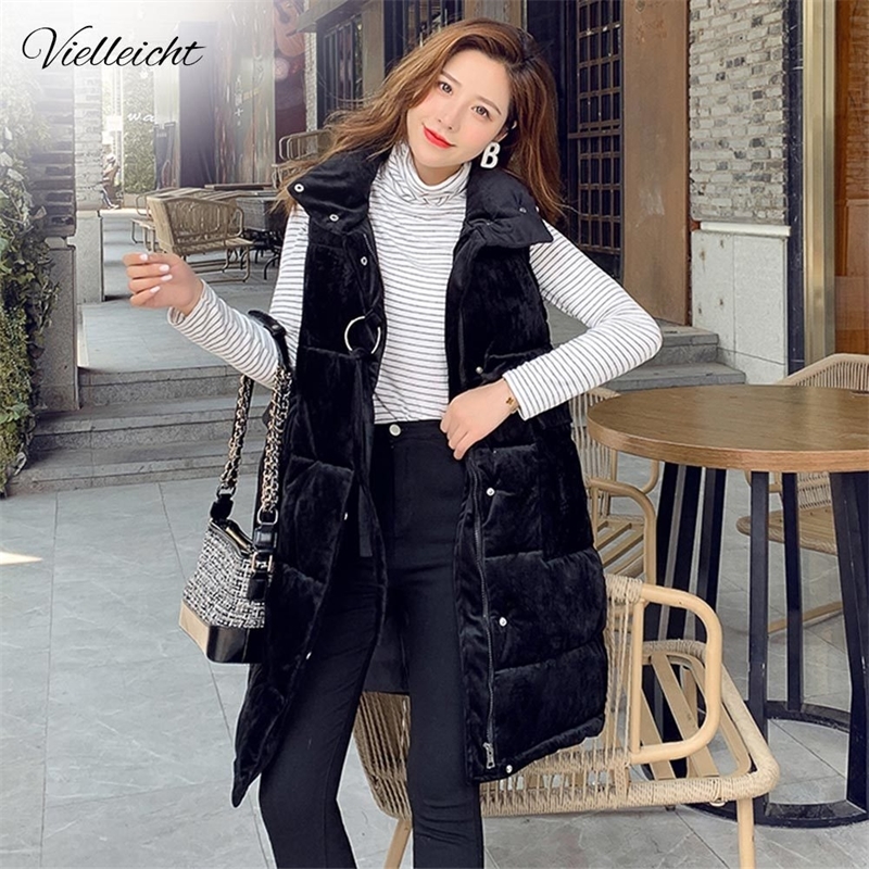 Vielleicht New Long Vest Women Coat Winter Vest Women Waistcoat Fashion Ladies Stand Collar Velvet Vest Jacket For Female 201102