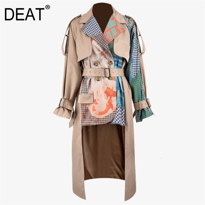 DEAT new autumn winter turn-down collar full sleeves printed waist belts spliced big size windbreaker female jacket PB33604 201211