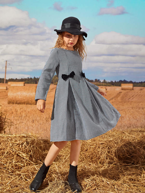 Girls Bow Detail Fold Pleated Houndstooth Dress SHE