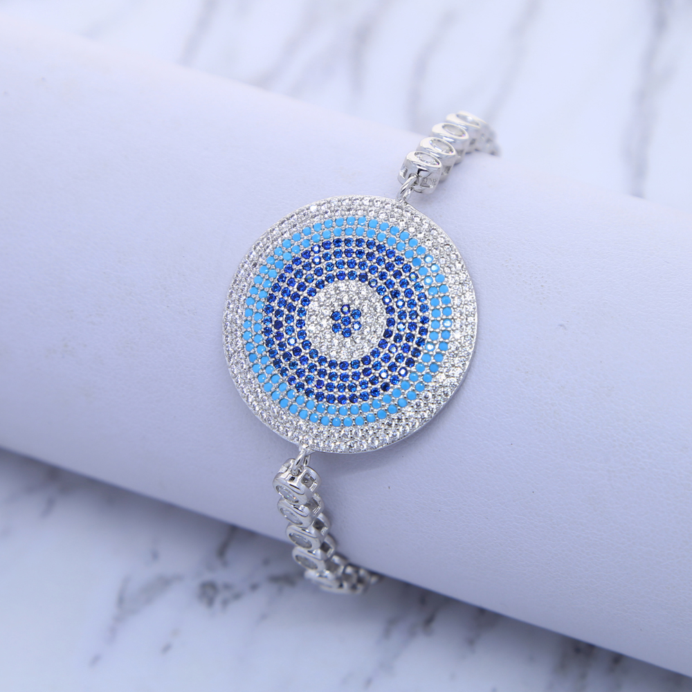 Wholesale Large Round Evil Eye Bracelet Bangles with Colorful Blue Cz Paved Women Tennis Chain Bracelet for Women Wedding Jewelry