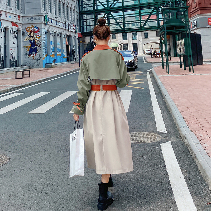 DEAT Autumn Fashion Womens Trench Coat Casual Full Sleeve Lapel Collar Patchwork Hit Color Slim Long With Belt TX175 201030