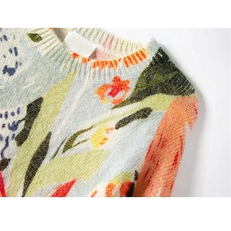 Oil painting print ladies sweater mohair blend long sleeve o-neck casual wild women knit sweater 201201