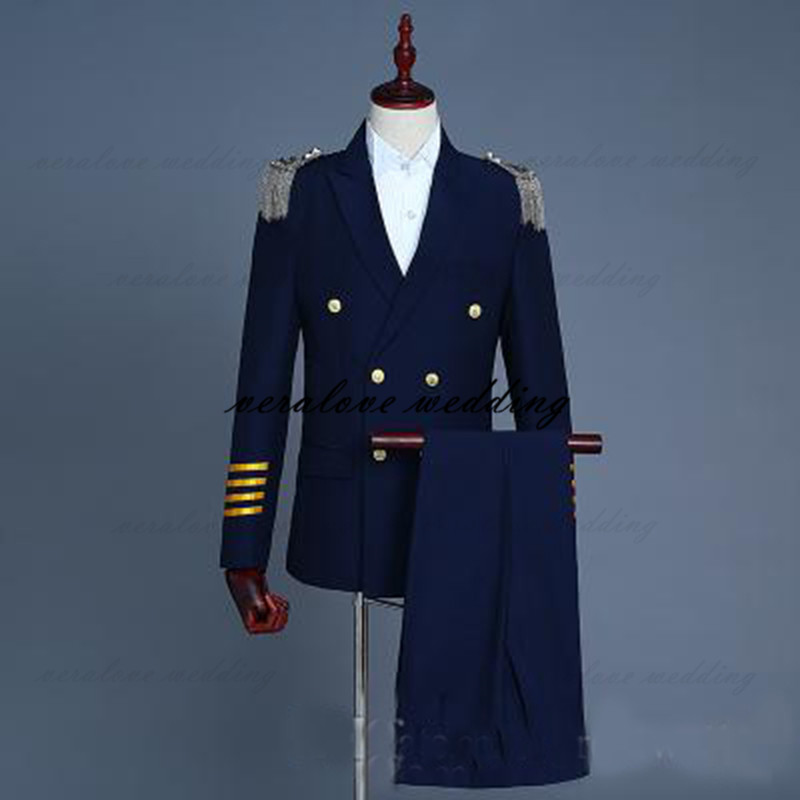 Navy Blue Men Suits 2 Pieces (Jacket+Pants) Stage Performance Studio Captain Uniform Wedding Tuxedos Groom Wear