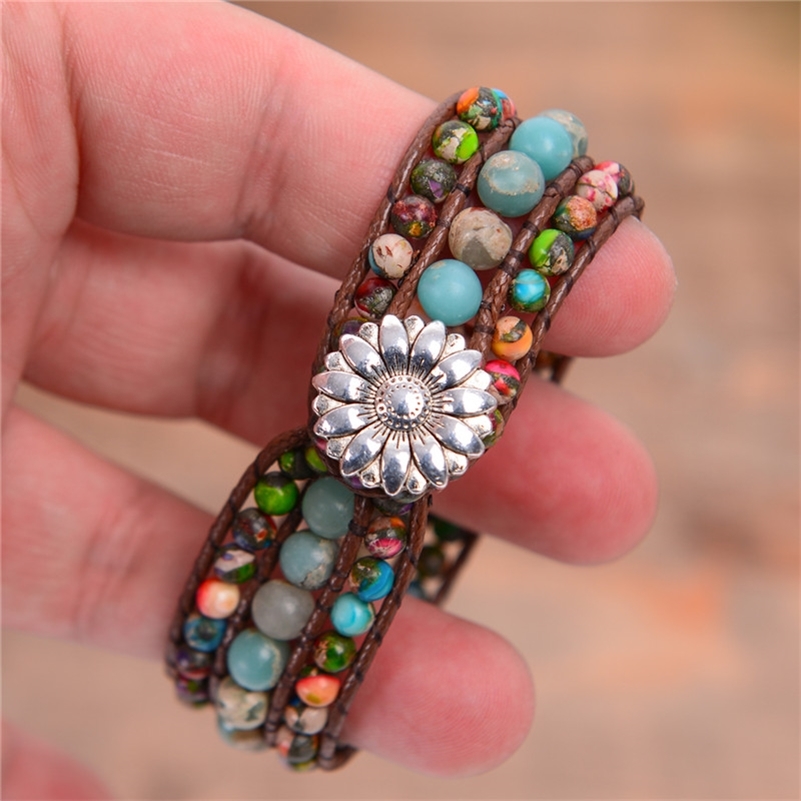 Drop Women Boho Three Layer Round Shape Emperor Stone Single Leather Wrap Friendship Beaded Bracelet Y200918