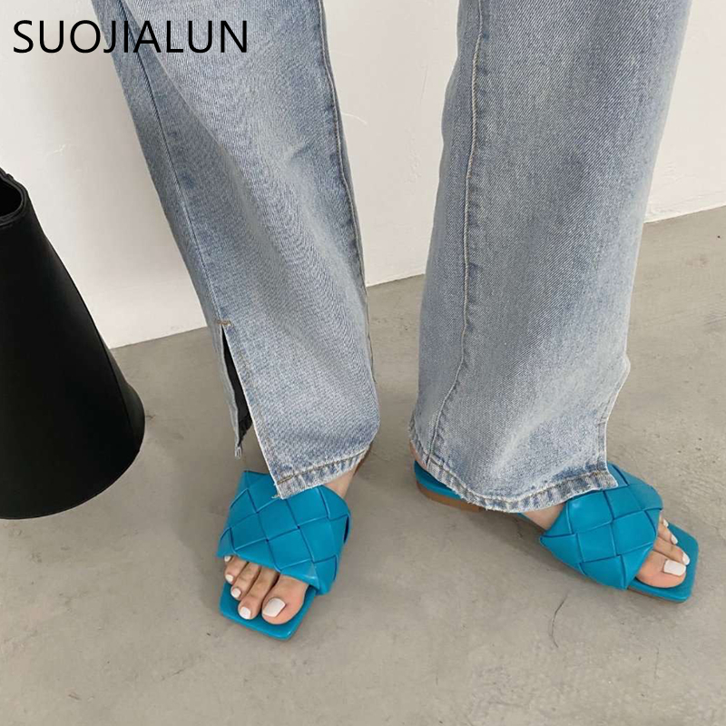 SUOJIALUN 2020 Newest Women Slides Square Toe Weave Flat Slippers Brand Designer Summer Outdoor Slipper Women Beach Sandals LJ200903