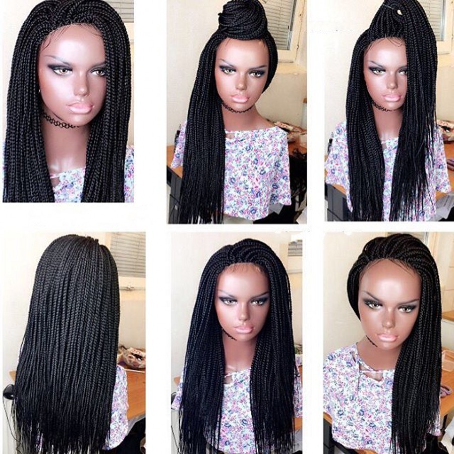 Free part brazilian hair Braided Box Braids Wig Long Black Hair Synthetic Lace Front Wigs for Women Heat Resistant Cosplay Lace Wig