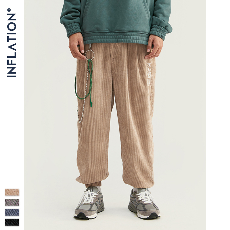 INFLATION Collection Men Casual Corduroy Jogger Pants Men Loose Fit Corduroy Overalls Casual Pants Solid Color 201109