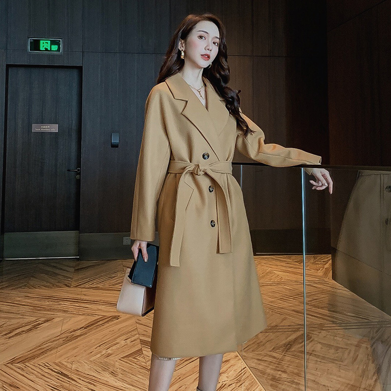 Autumn Winter Women's Jacket Casual Wool Blend Trench Coat Double Breasted Long With Belt 201222