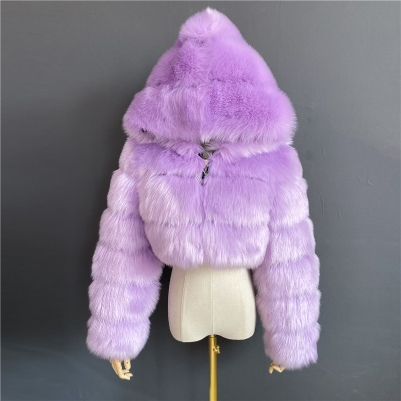 High Quality Cropped Fur Faux Fur Coats and Jackets Women Fluffy Top Coat With Hood Winter Fur Jacket Coat Female 201110