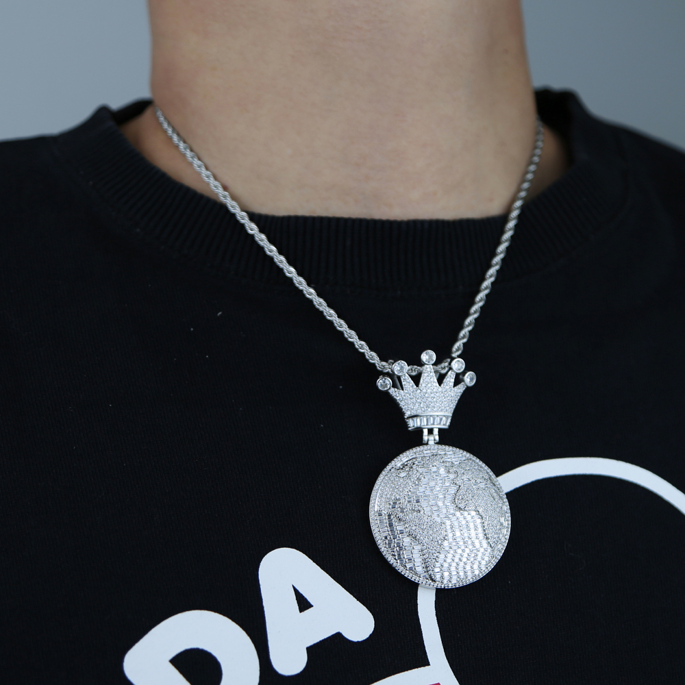 Bling 5A Cz Round Globle Pendant with Crown Shaped Necklace Full Iced Out Cubic Zirconia Hip Hop Custom Mens Cool Jewelry