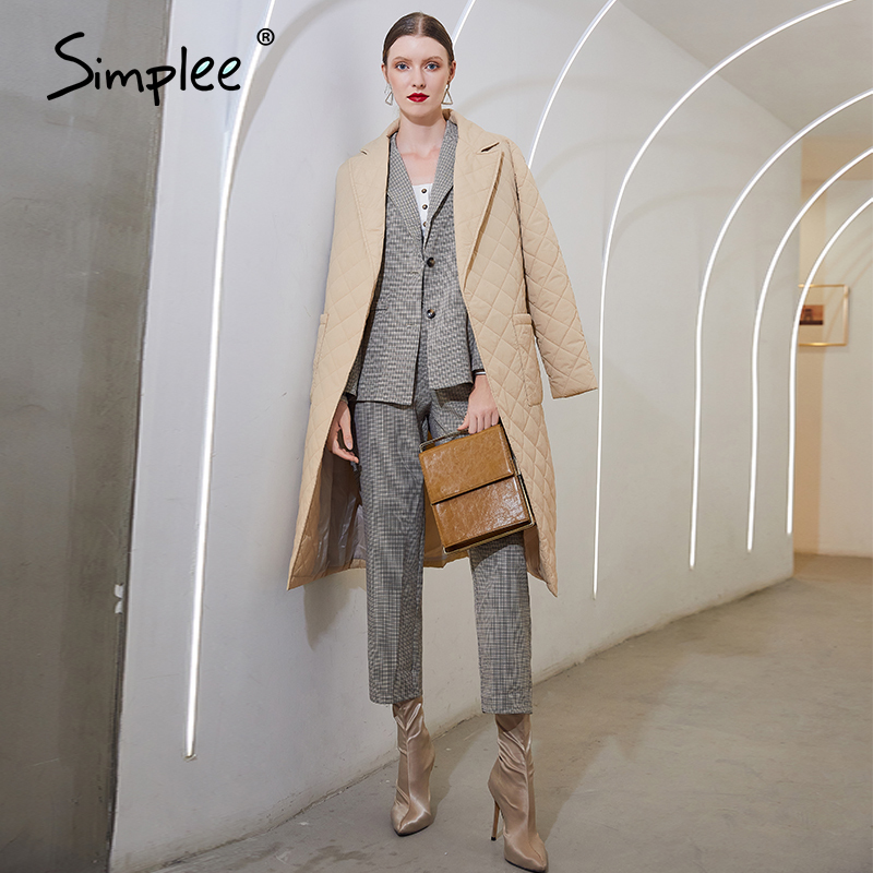 Fashion female winter windproof jacket Casual sashe winter parka Long straight coat with rhombus pattern 200928