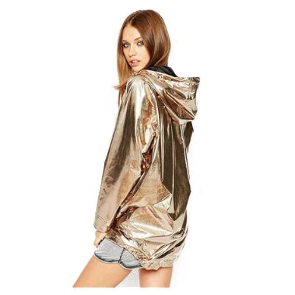 Fashion women's spring and autumn jacket long-sleeved gold PVC raincoat zipper punk unisex waterproof raincoat set T200111