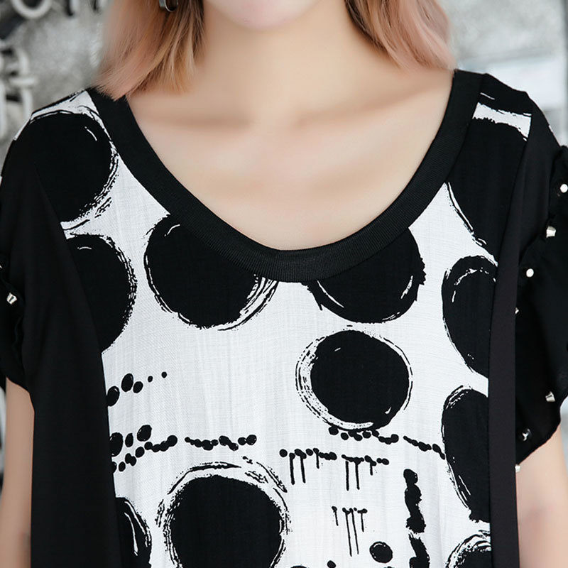 XITAO Dot Splice Mesh Rivet Midi Dress for Women Oversize Summer Short Sleeve Sexy Women Plus Size Dress Fashion DLL3570 T200416